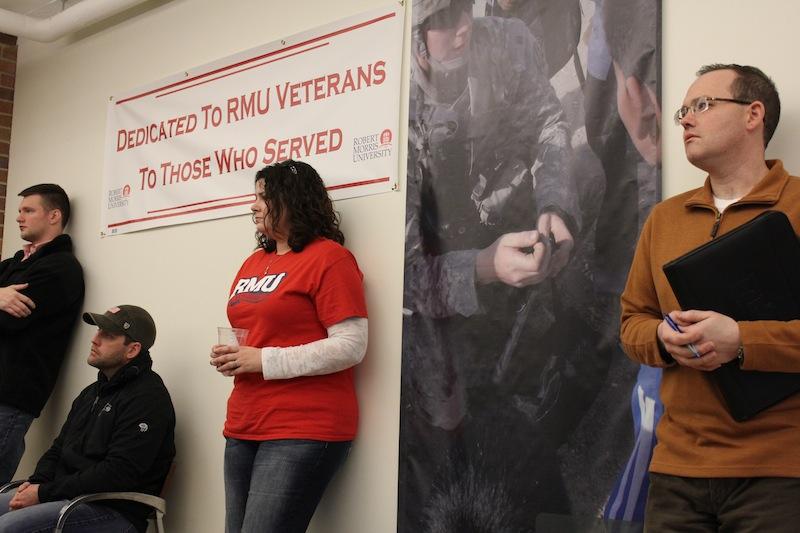 Student Veterans of America faculty advisor David Ausman [Far Right] on the first floor of the Jefferson center, RMUs Student Veteran Center. 