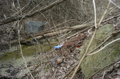 Uncompleted fall; a rusting cart embedded in the dirt part way down the hill