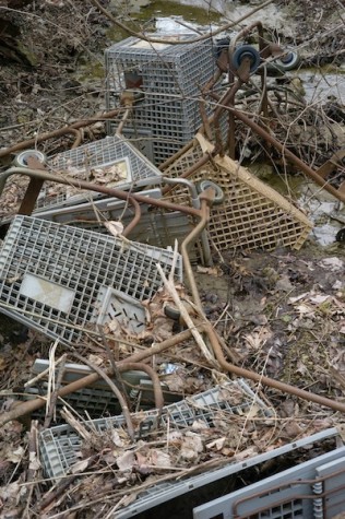 A pile of shopping carts in various stags of decay and sunken to various depths