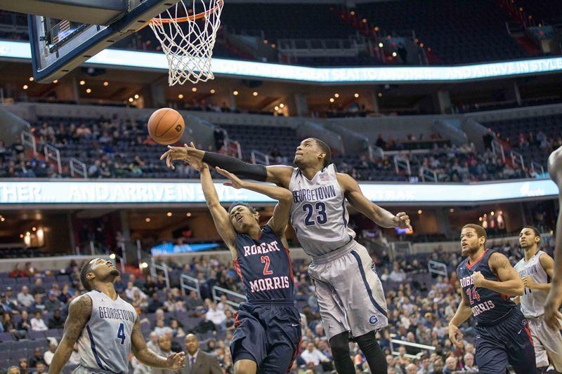 Aaron Bowen blocks Marcquise Reeds layup attempt Saturday at the Verizon Center in Washington, D.C.