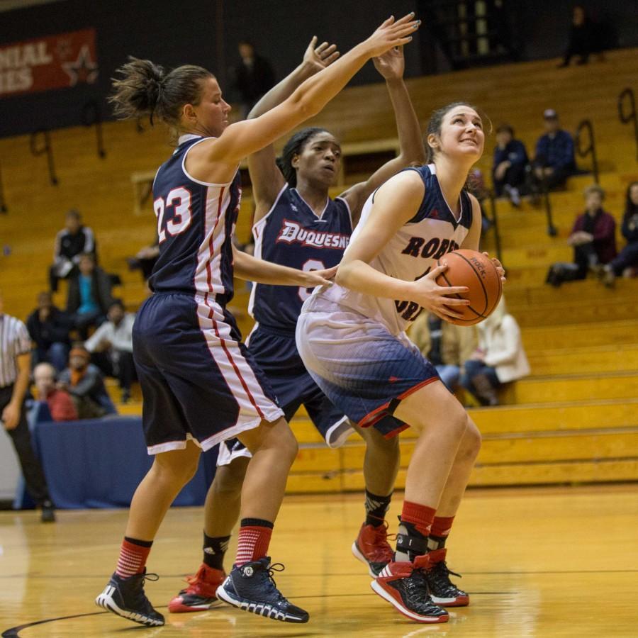 Judith+Soles+double-double+was+not+enough+to+lift+RMU+over+rival+Duquesne+Sunday+afternoon.+