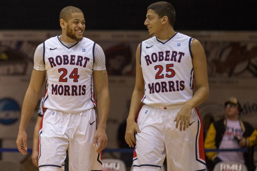 Conrad Stephens (right) received his first playing time in an RMU uniform during the Colonials 22 point win over FDU.