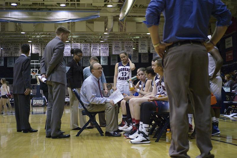 Head+Coach+Sal+Buscaglia+coached+his+final+game+at+Robert+Morris+Saturday+against+%231+seed+UConn+in+the+NCAA+Tournament.+The+Colonials+finished+the+2015-16+season+with+a+20-13+record.