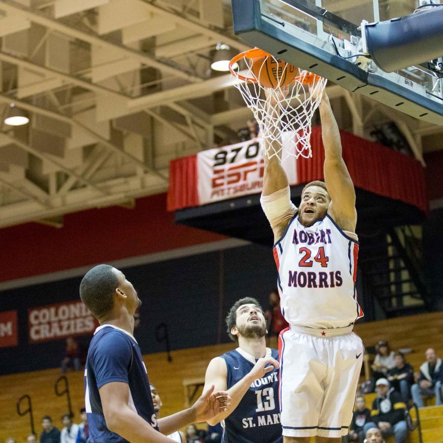 Aaron Tate contributed eight points, four rebounds and three assists in RMUs 25 point win over Mount St. Marys Saturday. 