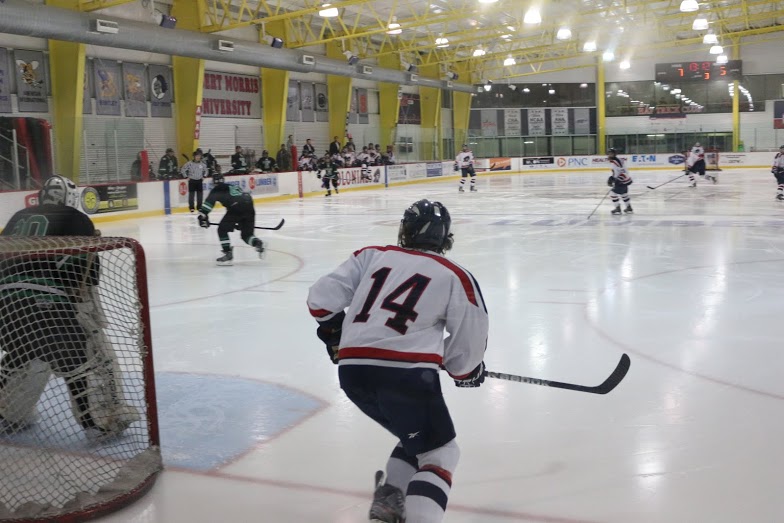 The RMU ACHA D1 hockey team scored seven goals in the first two periods en route to a 9-5 win over Slippery Rock.