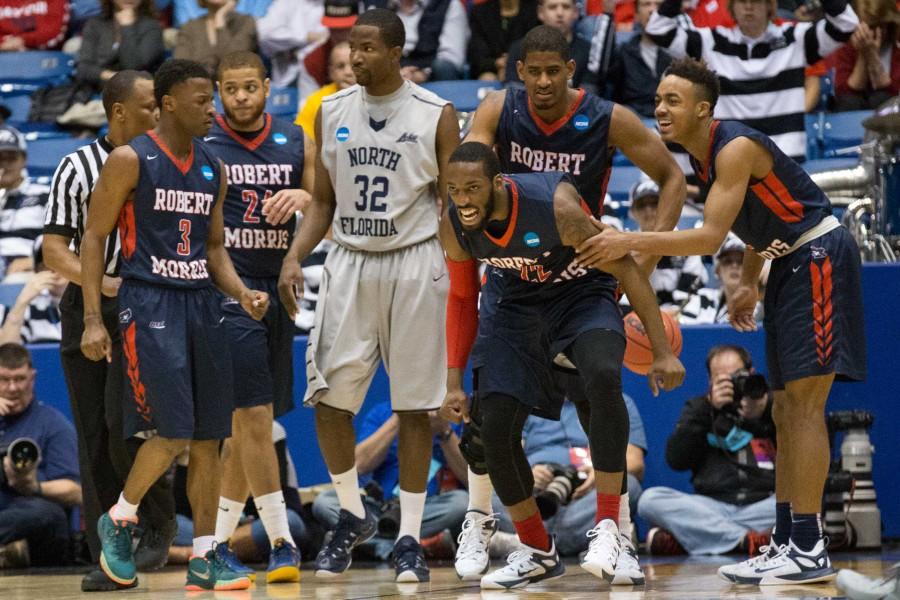 Lucky Jones lets out a roar of excitement after RMUs opening round win over North Florida. 