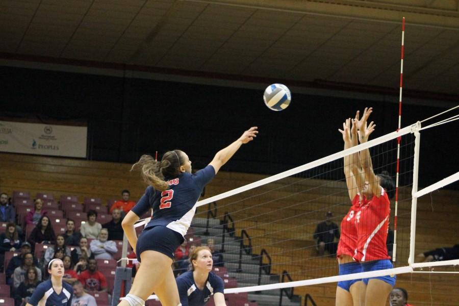 April Krivoniak recorded 9 kills against Sacred Heart but her team fell to the Pioneers Sunday.