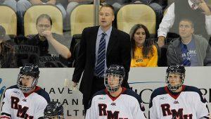 Robert Morris head coach Derek Schooley. RMU mens hockey vs. Air Force at PPG Paints Arena. Photo by Jason Cohn from USCHO.com