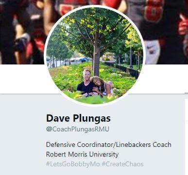 Dave Plungas Twitter account in which he has his bio and his Twitter handle to suggest he is heading to RMU