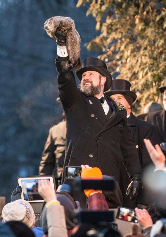 Punxsutawney Phil, the weather predicting groundhog, saw his shadow, thus predicting 6 more weeks of winter on the 132nd Trek to the Knob this GroundHogs Day in Punxsutawney, Pennsylvania. 
