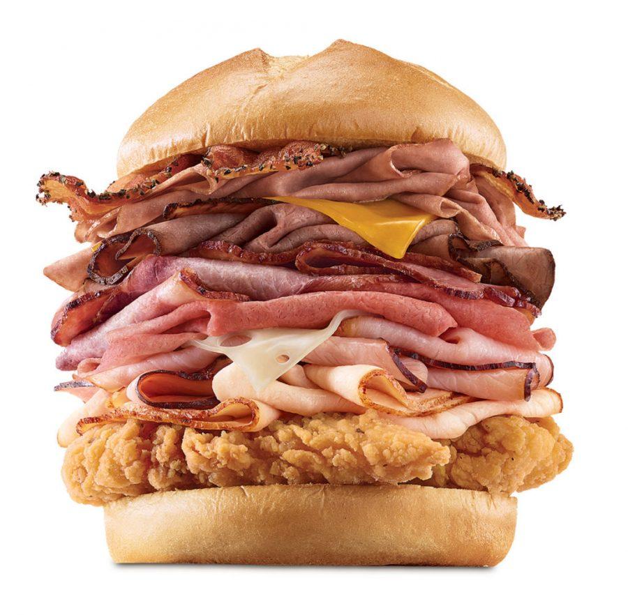 Promotional image for Arbys Meat Mountain sandwich.