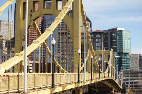 Roberto Clemente bridge with downtown Pittsburgh in the background.