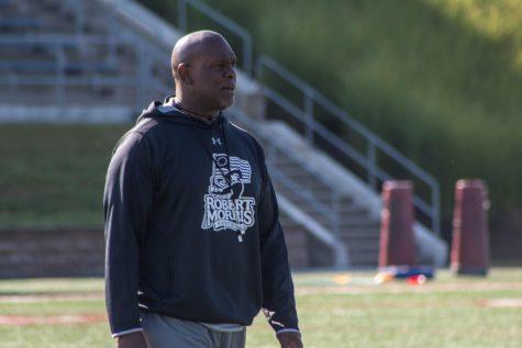 New RMU head coach Bernard Clark runs practice at Joe Walton Stadium. August 27, 2018. (Samuel Anthony/RMU Sentry Media)