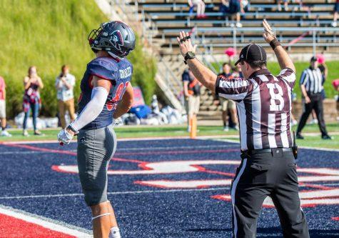 Mathew Gonzalez celebrates a touchdown against CCSU Oct. 6, 2018. Gonzalez is currently having a historic season with 10 touchdowns.