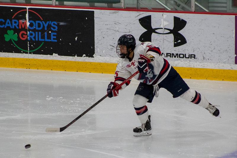 Sarah Lecavalier sends the puck towards the net as the Colonials battled the Saint Lawrence Saints in their first regular season series in October.
