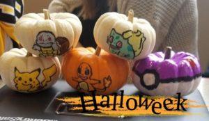 Pumpkins decorated to look like different Pokémon characters (from top left) Squirtle, Bulbasaur, Pikachu, Charmander, and a Pokéball.