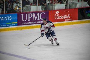 MOON TOWNSHIP -- Michael Louria heads up the ice against Niagara on  November 2, 2018 (David Auth/RMU Sentry Media