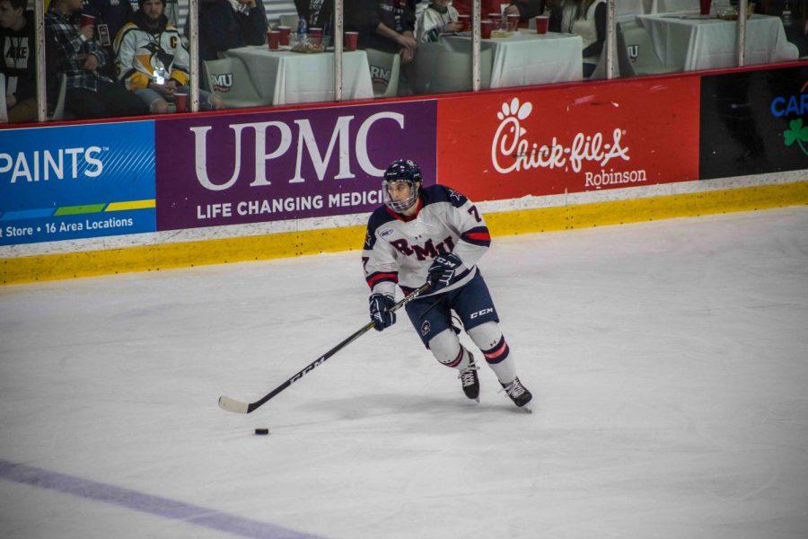 MOON TOWNSHIP -- Michael Louria heads up the ice against Niagara on  November 2, 2018 (David Auth/RMU Sentry Media