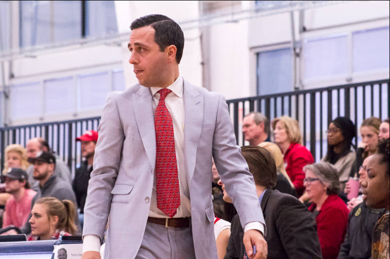 RMU+womens+basketball+head+coach+Charlie+Buscaglia+looks+on+during+a+game+against+Youngstown+State.+Moon+Township%2C+PA+%28RMU+Sentry+Media%2FSamuel+Anthony%29