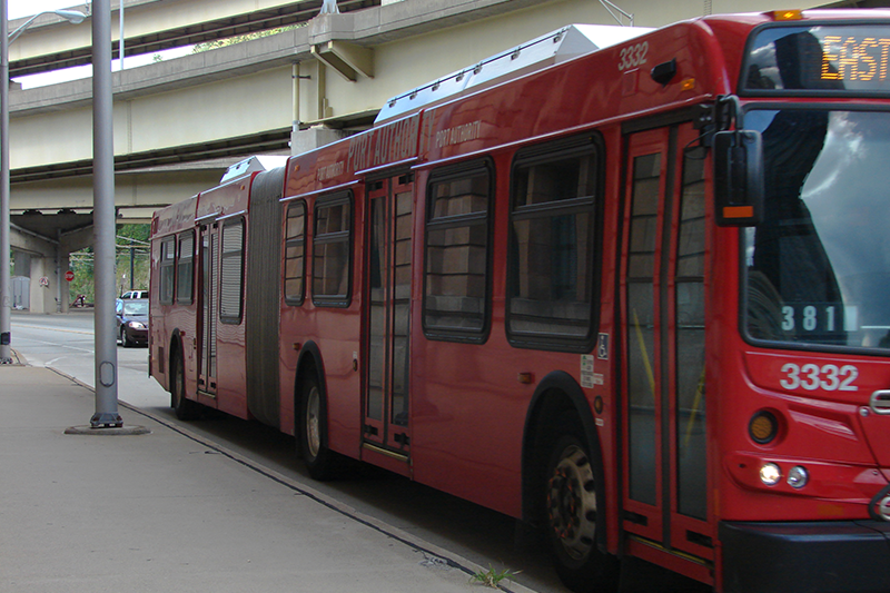 A red Port Authority BRT bus at the Union Station. Photo Credit: (Wikipedia/An Errant Knight)