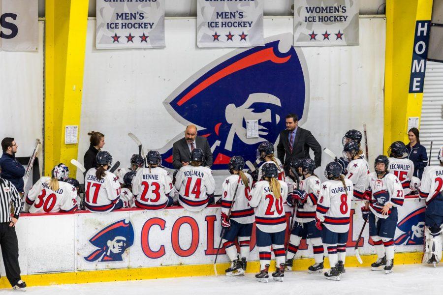 The Robert Morris womens hockey meets during a break against RPI Nov. 12, 2018 (David Auth/RMU Sentry Media) Photo credit: David Auth