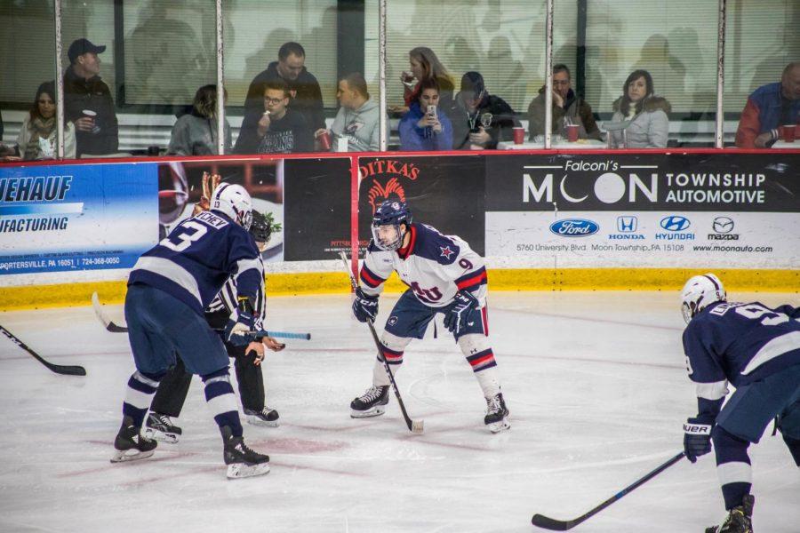 PITTSBURGH -- Daniel Mantenuto faces off against Penn State on Nov. 10, 2018 (David Auth/RMU Sentry Media) Photo credit: David Auth