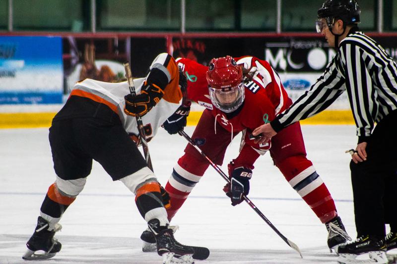 Emily Harley gets ready for the faceoff against RIT. Neville Island, PA Friday Jan. 25, 2019. (RMU Sentry Media/Samuel Anthony)