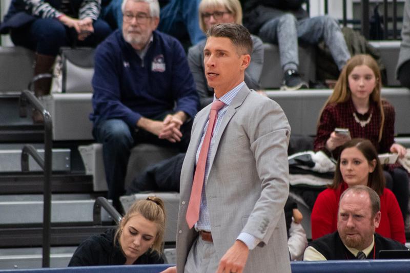 MOON TOWNSHIP -- Robert Morris mens basketball head coach Andy Toole mans the sideline against Siena. Dec. 8, 2018 (Sam Anthony/RMU Sentry Media) Photo credit: Samuel Anthony