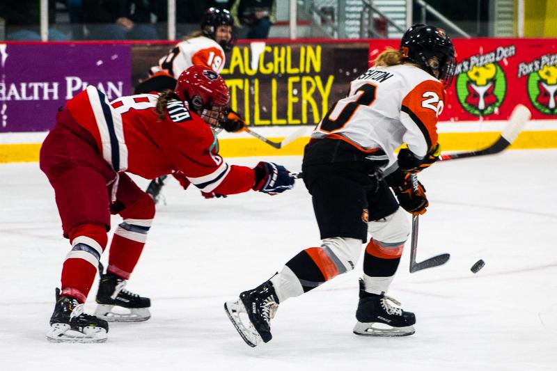 Sarah Quaranta tries to poke the puck loose as an RIT player skates with the puck. Neville Island, PA Friday Jan. 25, 2019. (RMU Sentry Media/Samuel Anthony)