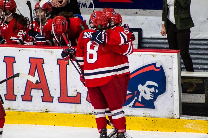 Sarah Quaranta celebrates her goal against RIT. Neville Island, PA Friday Jan. 25, 2019. (RMU Sentry Media/Samuel Anthony)