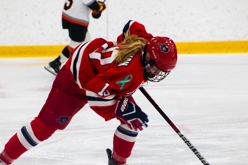 Lexi Templeman rushes off the ice during a line change against RIT. Neville Island, PA Friday Jan. 25, 2019. (RMU Sentry Media/Samuel Anthony)