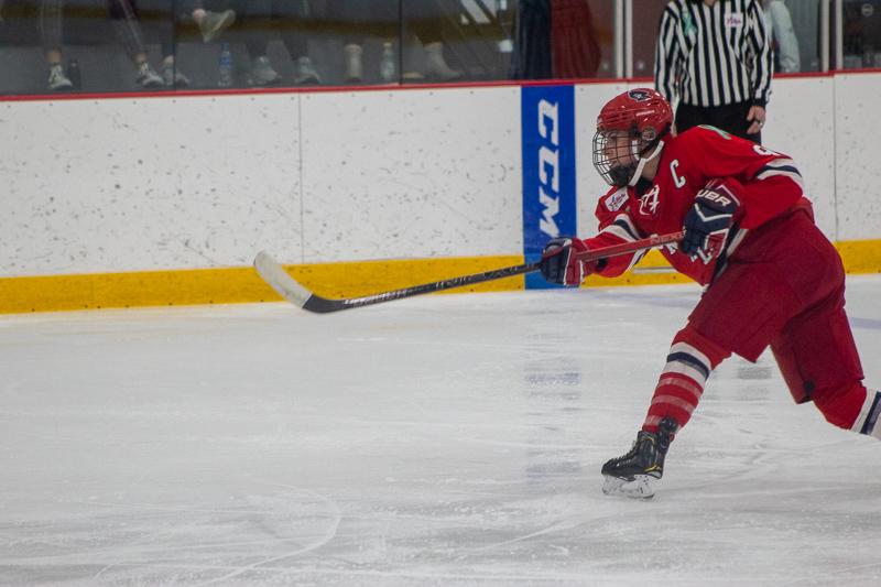 Emily Curlett fires a shot from the point. Neville Island, PA Friday Jan. 25, 2019. (RMU Sentry Media/Samuel Anthony)