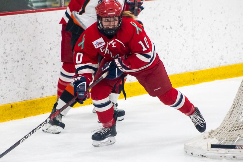 Lexi Templeman skates with the puck against RIT. Neville Island, PA Friday Jan. 25, 2019. (RMU Sentry Media/Samuel Anthony)