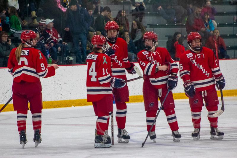 Maggie Lague, Courtney Kollman, Anjelica Diffendal, Emily Diffendal, Sarah Lecavalier(Left to Right) wait as the referees review a call. Neville Island, PA Friday Jan. 25, 2019. (RMU Sentry Media/Samuel Anthony)