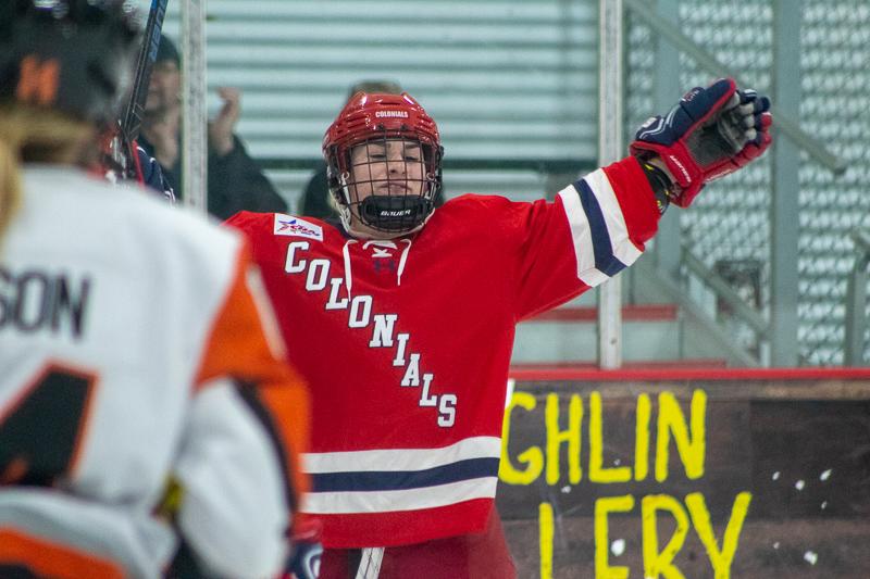 Emily Curlett celebrates after her game-tying goal.  Neville Island, PA Friday Jan. 25, 2019. (RMU Sentry Media/Samuel Anthony)