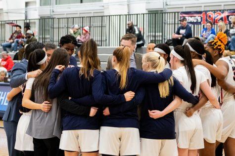 The RMU Womens Basketball team huddles up during the media timeout. Moon Twp, PA Jan. 28, 2019. (RMU Sentry Media/Samuel Anthony)