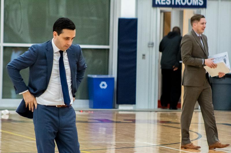 Charlie Buscaglia walks off the court after his teams 64-46 victory over Sacred Heart. Moon Twp, PA Jan. 28, 2019. (RMU Sentry Media/Samuel Anthony)