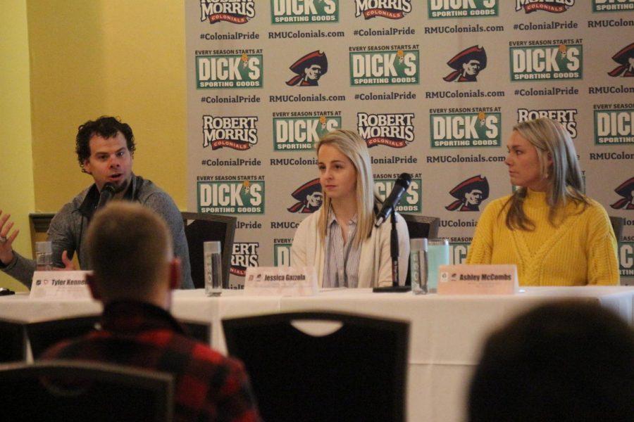 MOON TOWNSHIP -- Panelists (from left): Tyler Kennedy, Jessica Gazzola, Ashley McCombs answer questions regarding mental health on January 25, 2019 (Tyler Gallo/RMU Sentry Media).