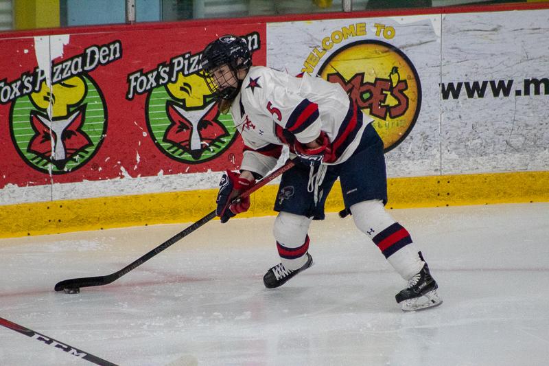 Emily Curlett gets ready to pass the puck against St. Lawrence Sep. 29, 2018. The sophomore defender is a player to watch against Syracuse. (Sam Anthony/RMU Sentry Media) Photo credit: Samuel Anthony