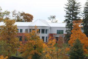 Robert Morris University looks beautiful in autumn as the leaves change. A picture of the business building on the campus of RMU. 