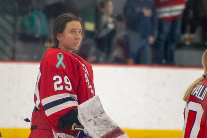 Lauren Bailey stands on during the National Anthem before the Colonials take on RIT. Neville Island, PA Friday Jan. 25, 2019. (RMU Sentry Media/Michael Sciulli)