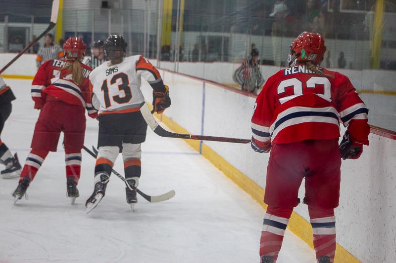 Amber Rennie looks on as the RIT Tigers clear the puck on the power play. Neville Island, PA Friday Jan. 25, 2019. (RMU Sentry Media/Samuel Anthony)