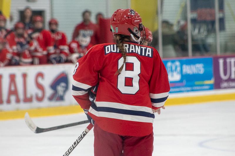 Sarah Quaranta skates around during a stop in play against RIT. Neville Island, PA Friday Jan. 25, 2019. (RMU Sentry Media/Samuel Anthony)