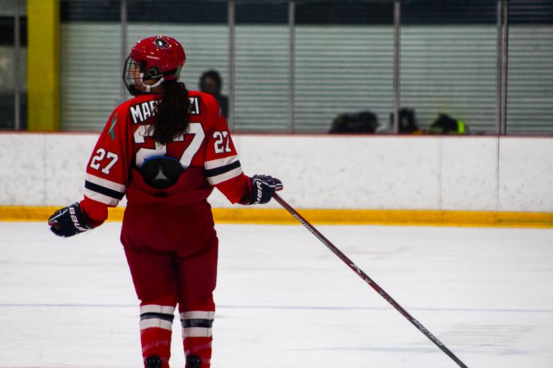 Natalie Marcuzzi shows her displeasure with officials as she skates to the penalty box. Neville Island, PA Friday Jan. 25, 2019. (RMU Sentry Media/Samuel Anthony)