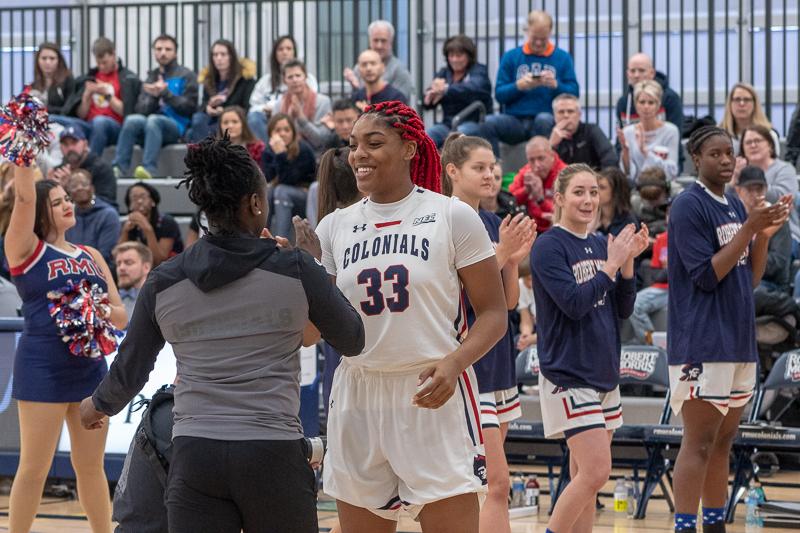 Nneka Ezeigbo is announced as a starter for the game against La Salle on November 11, 2018 (Sam Anthony/RMU Sentry Media). Photo credit: Samuel Anthony