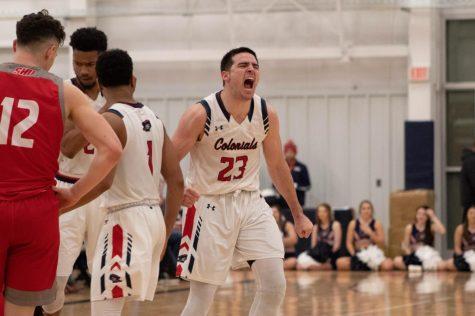 MOON TOWNSHIP — Matty McConnell celebrates during the team’s victory against Sacred Heart on Thursday Jan. 24, 2019 (Samuel Anthony/RMU Sentry Media). McConnell had a season-high 19 points in the victory. Photo credit: Samuel Anthony