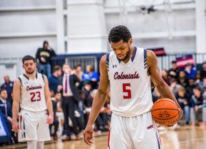 MOON TOWNSHIP -- Malik Petteway takes a foul shot as Matty McConnell watches on Feb. 7, 2019 (David Auth/RMU Sentry Media). Both Malik Petteway and Matty McConnell are players to watch for this weekend.