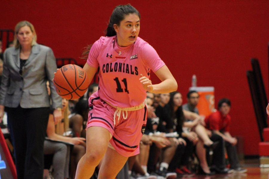 LORETTO, Pa. -- Natalie Villaflor dribbles against Saint Francis (Sam Anthony/RMU Sentry Media). Villaflor had seven points and seven rebounds in the 66-60 win.