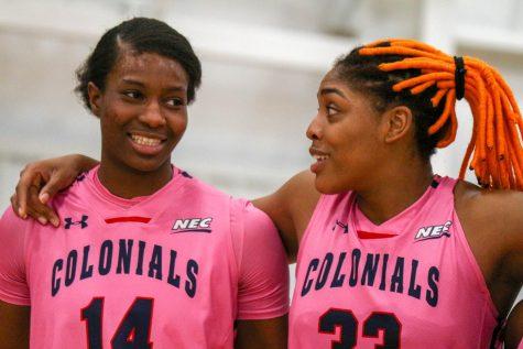 Irekpitan Ozzy- Momodu and Nneka Ezeigbo share a laugh after the Colonials victory over LIU Brooklyn. Moon, PA Feb. 25, 2019. (RMU Sentry Media/Michael Sciulli)