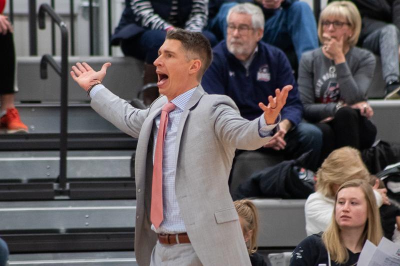 MOON TOWNSHIP -- RMU mens basketball head coach Andy Toole reacts during the game against Siena (Samuel Anthony/RMU Sentry Media).